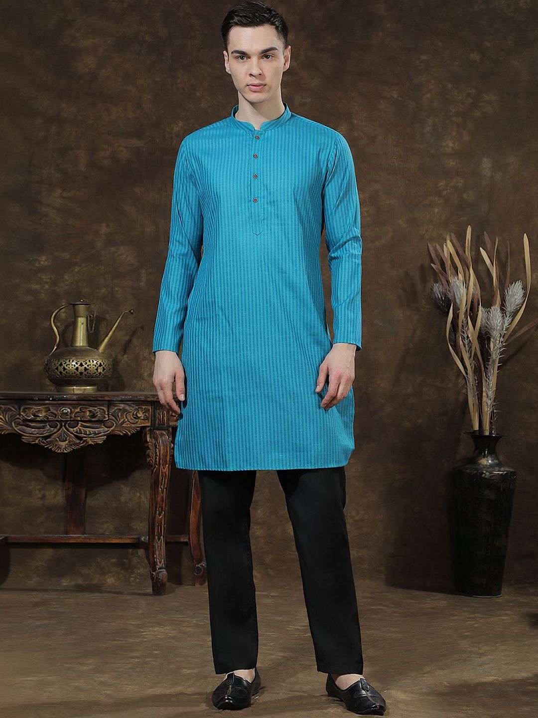 Men Striped Regular Kurta with Trousers