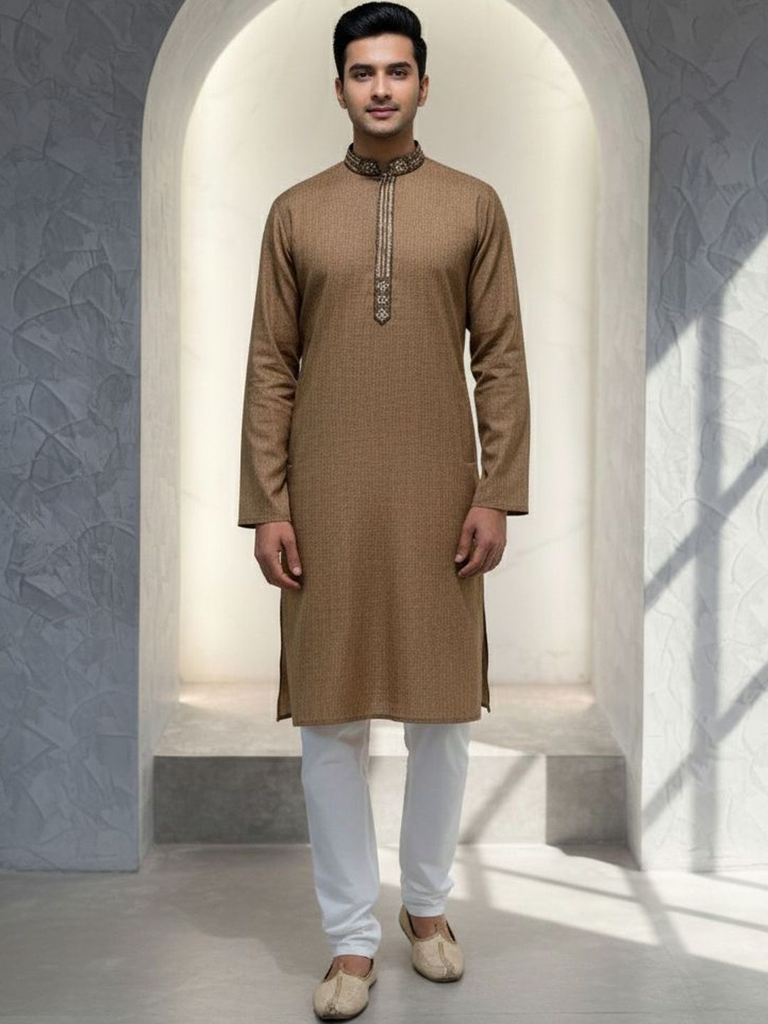 Men Self Design Regular Band Collar Kurta With Pyjamas