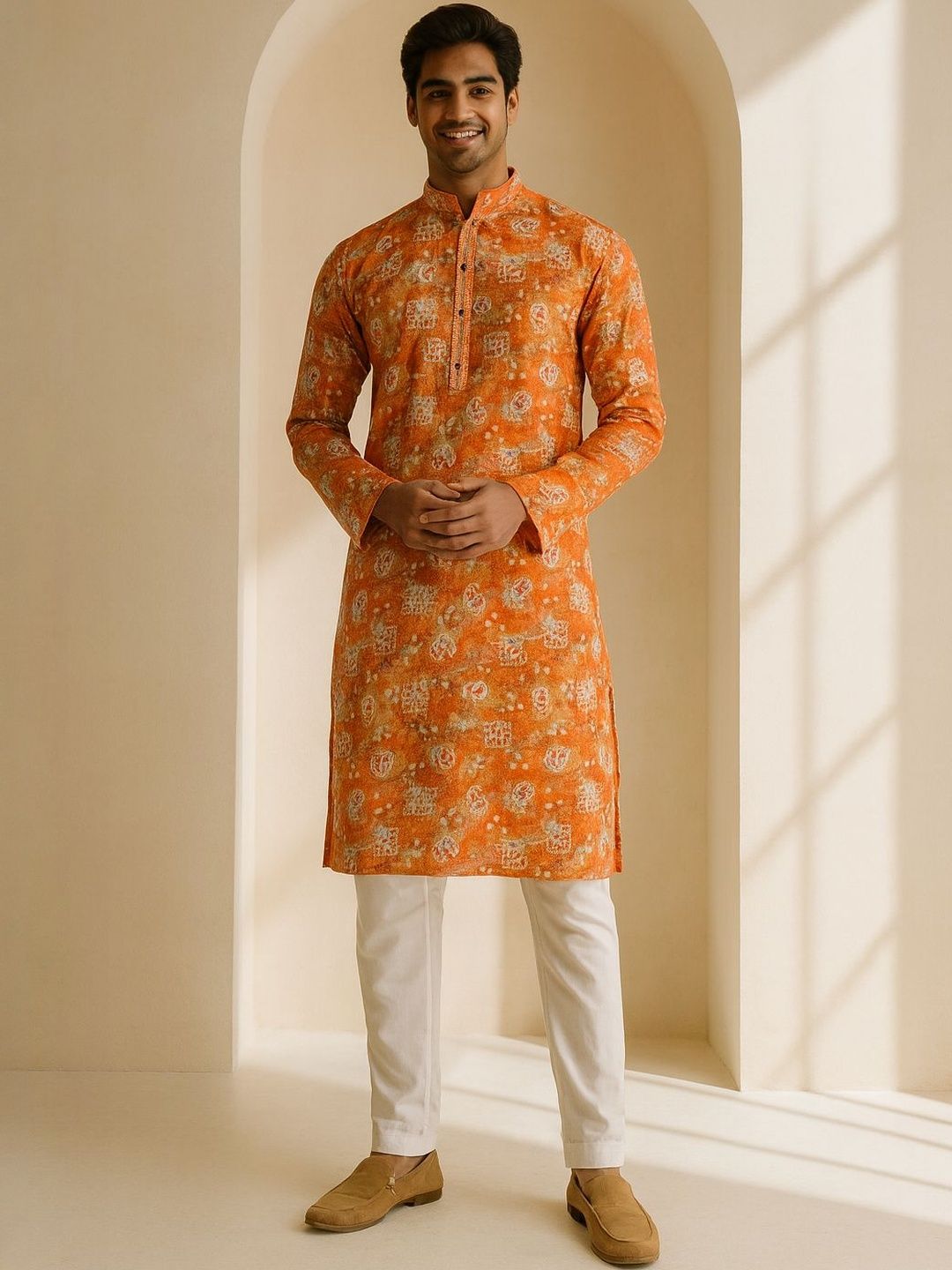 Men Orange Self Design Regular Fit Full Sleeve Kurta Set