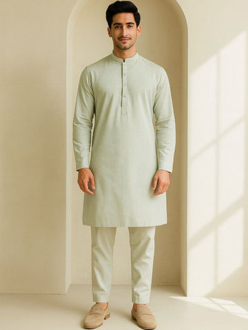 Men Green Self Design Regular Fit Full Sleeve Kurta Set