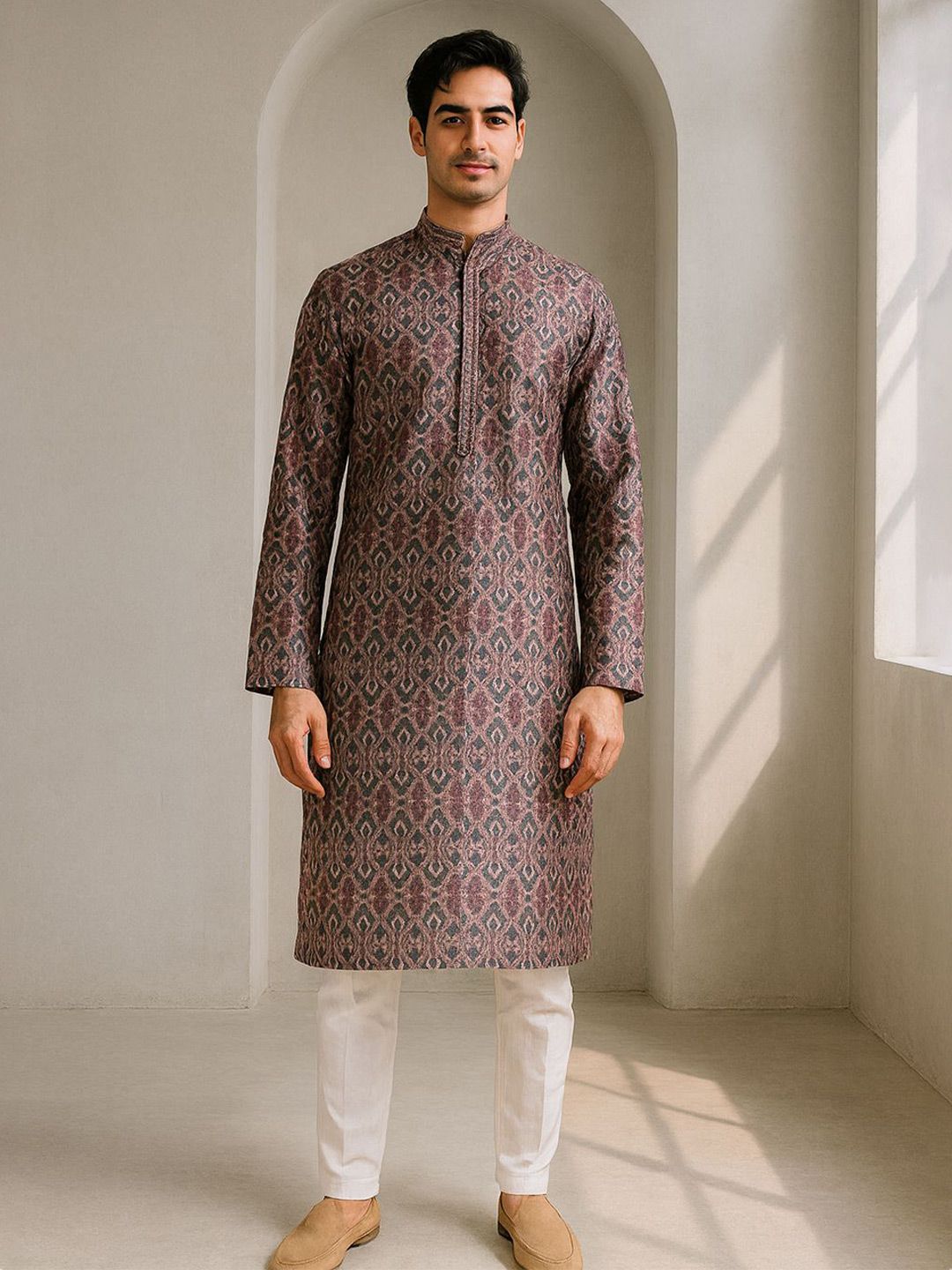 Abstract Printed Mandarin Collar Mirror Work Kurta