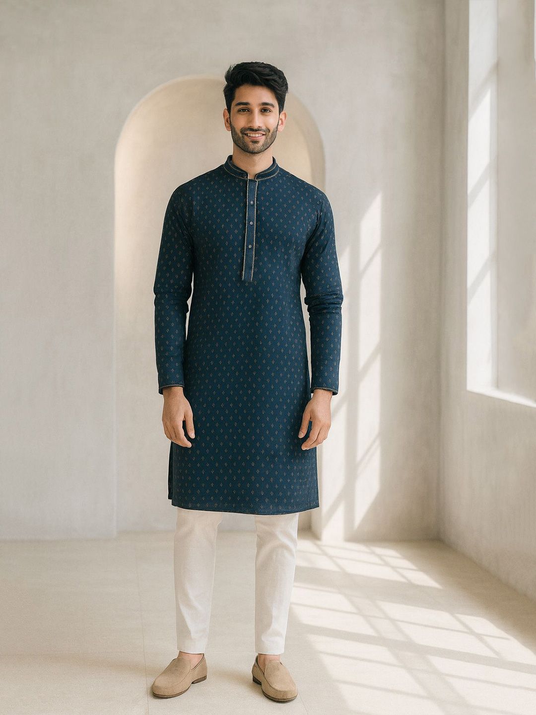 Geometric Woven Design Mandarin Collar Straight Kurta