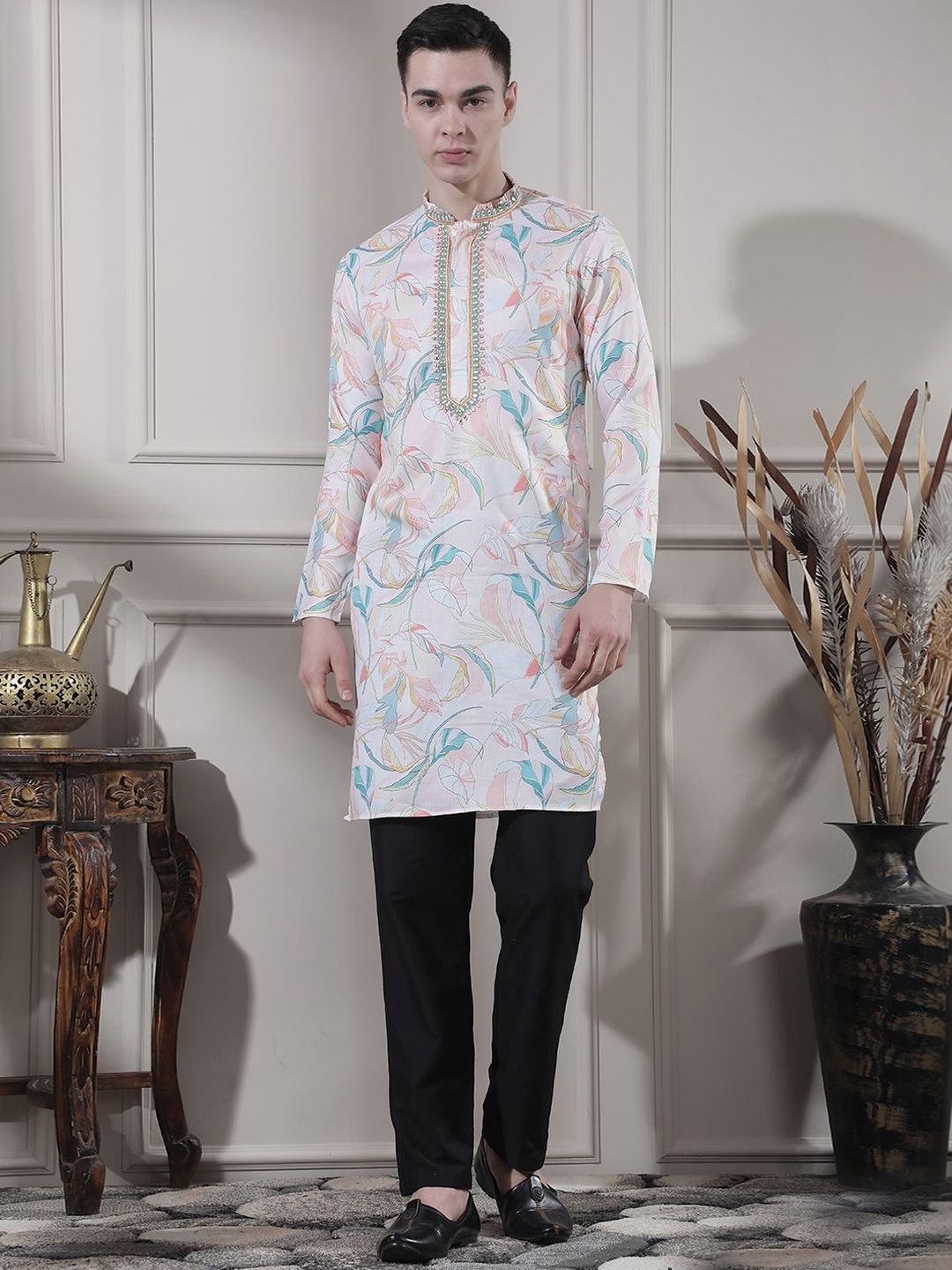 Men Floral Printed Regular Mirror Work Kurta with Trousers