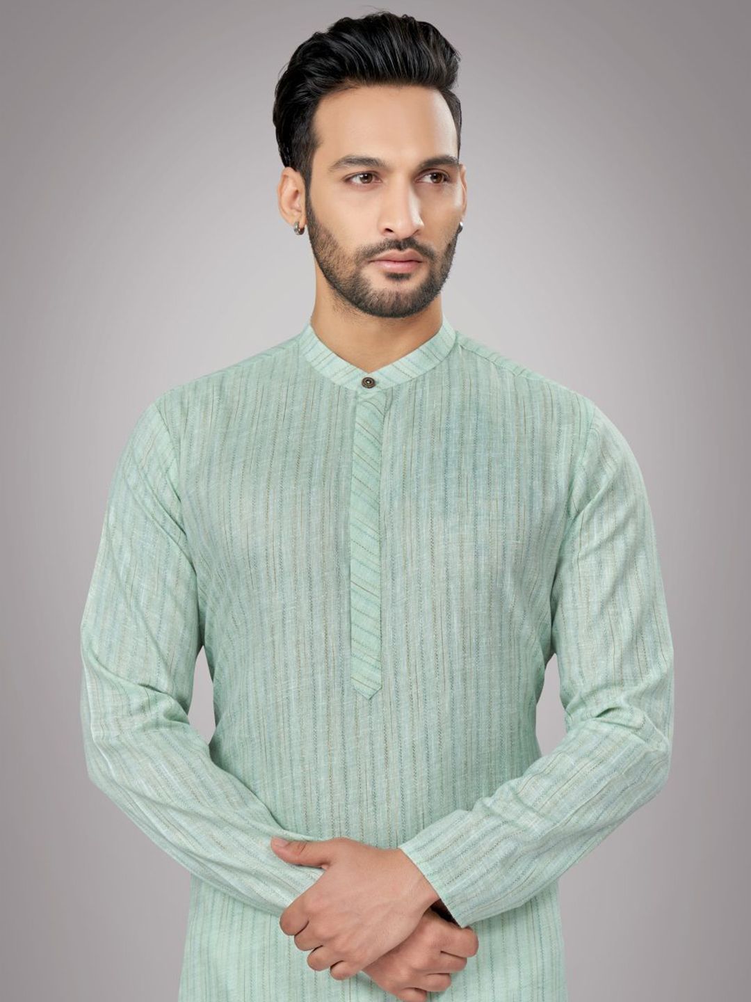 Striped Mandarin Collar Straight Kurta