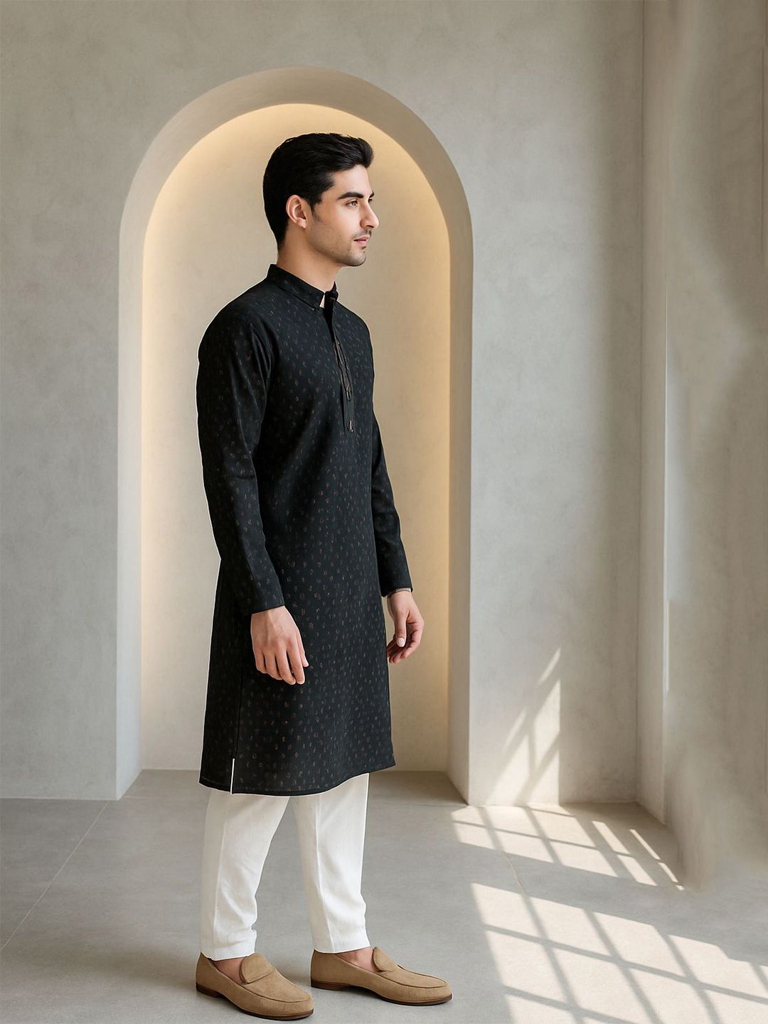 Geometric Woven Design Mandarin Collar Straight Kurta