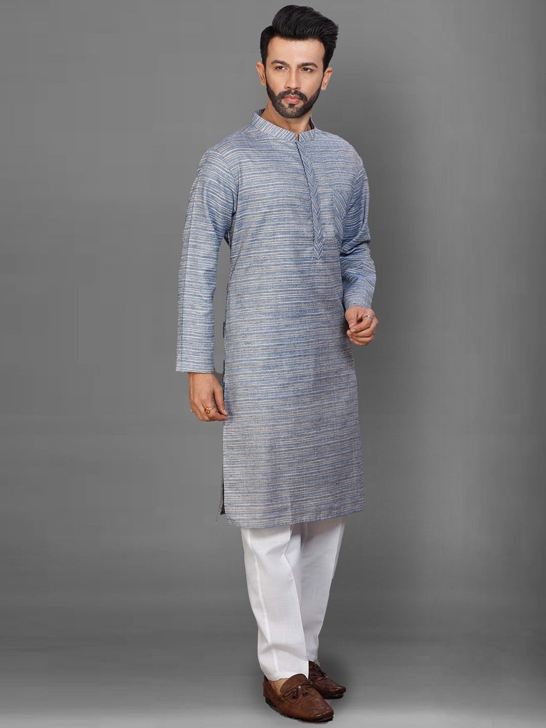 Striped Pure Cotton Mandarin Collar Straight Kurta & Pyjamas