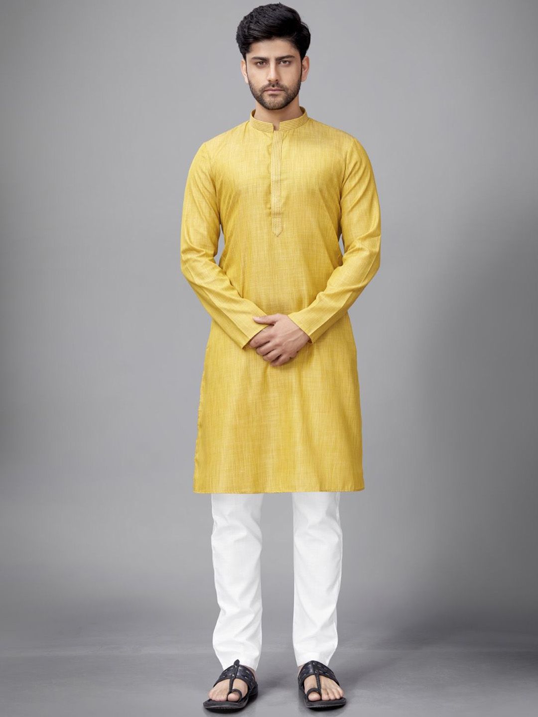 Self Design Mandarin Collar Straight Kurta & Pyjamas