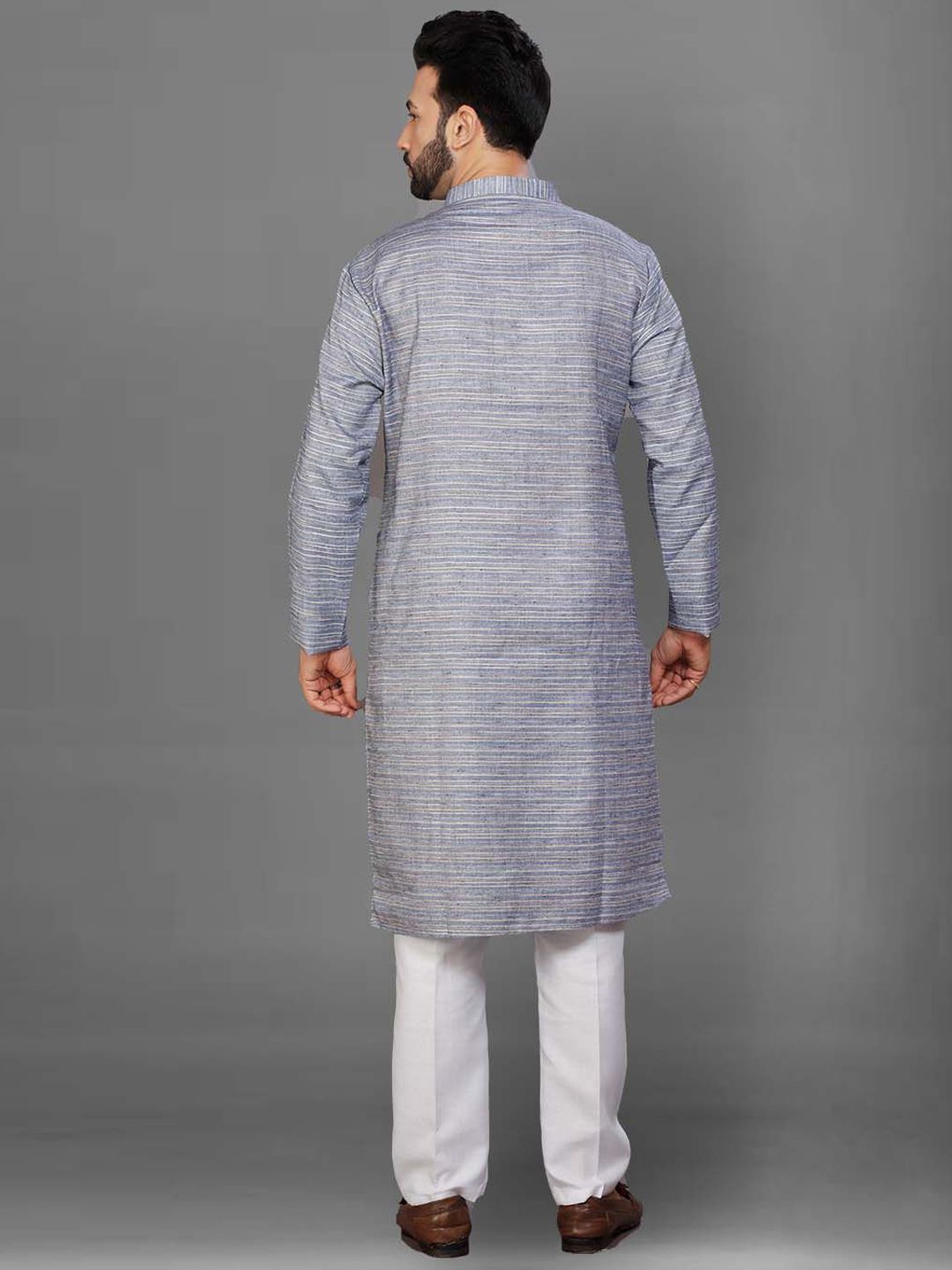Striped Pure Cotton Mandarin Collar Straight Kurta & Pyjamas