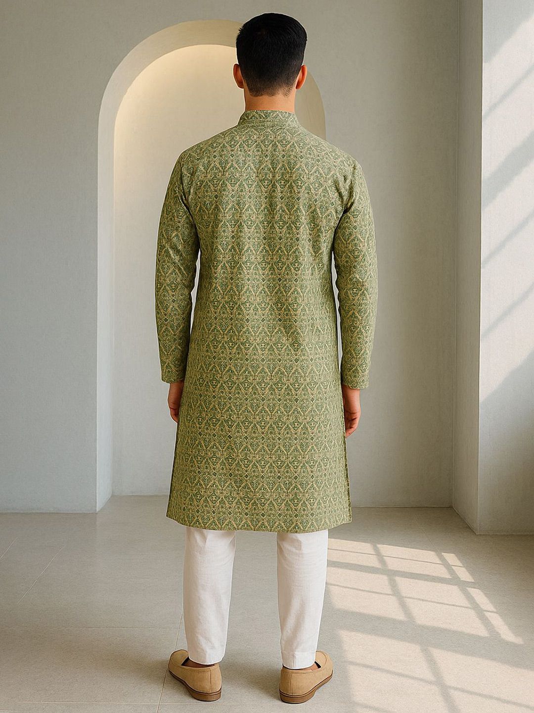 Men Woven Design Mandarin Collar Thread Work Kurta