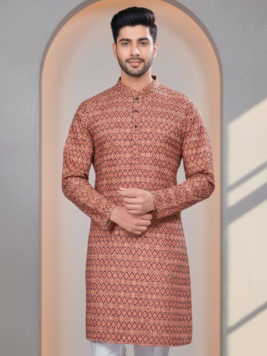 Men Geometric Thread Work Kurta