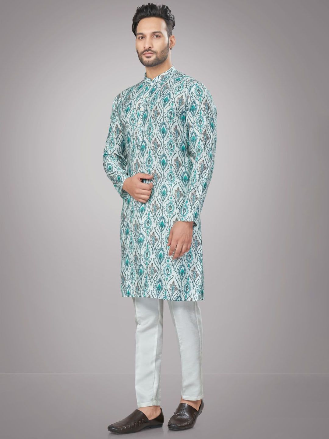 Men Floral Printed Mandarin Collar Regular Kurta with Pyjamas