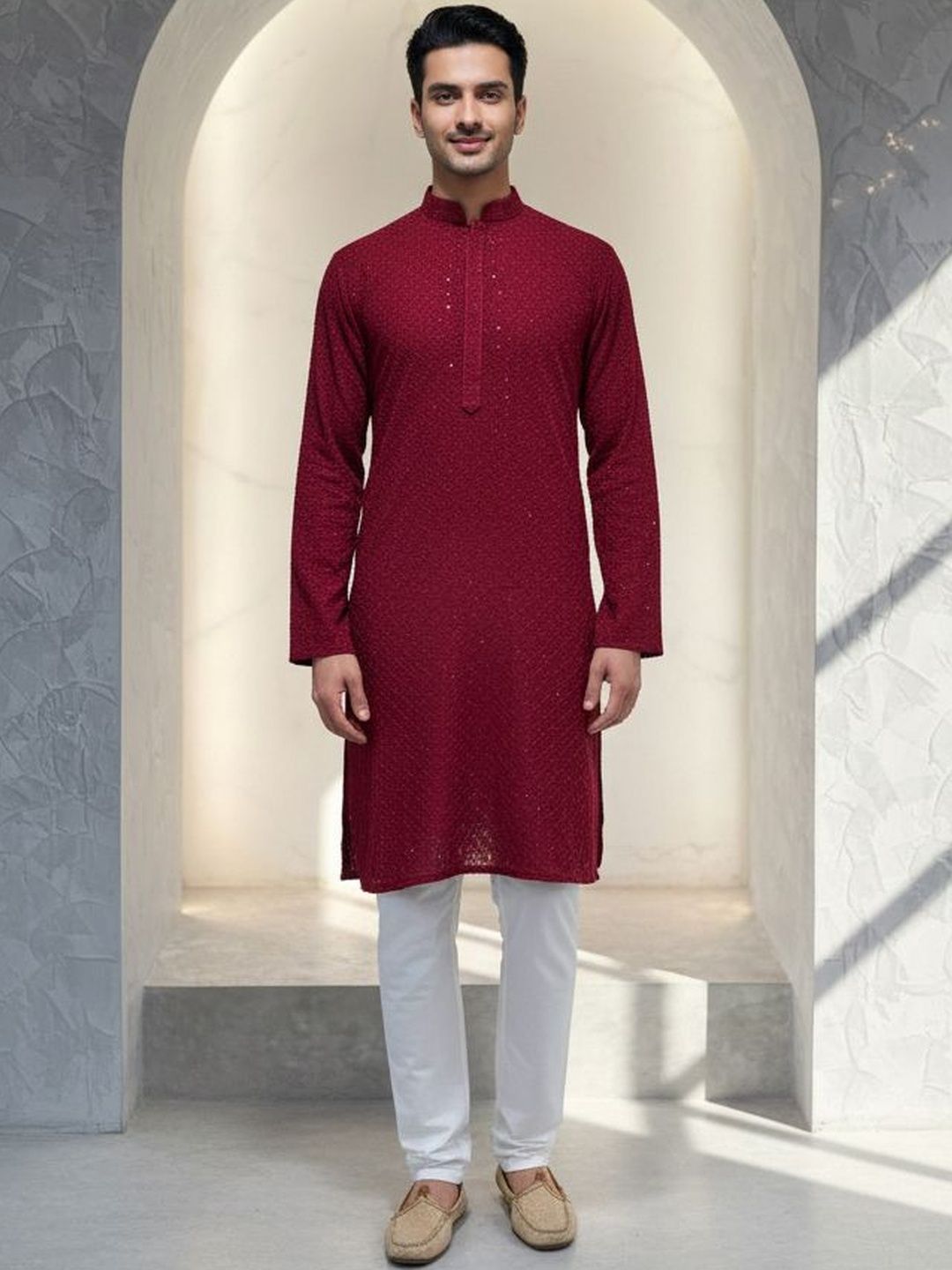 Men Woven Design Mandarin Collar Sequinned Kurta with Trousers