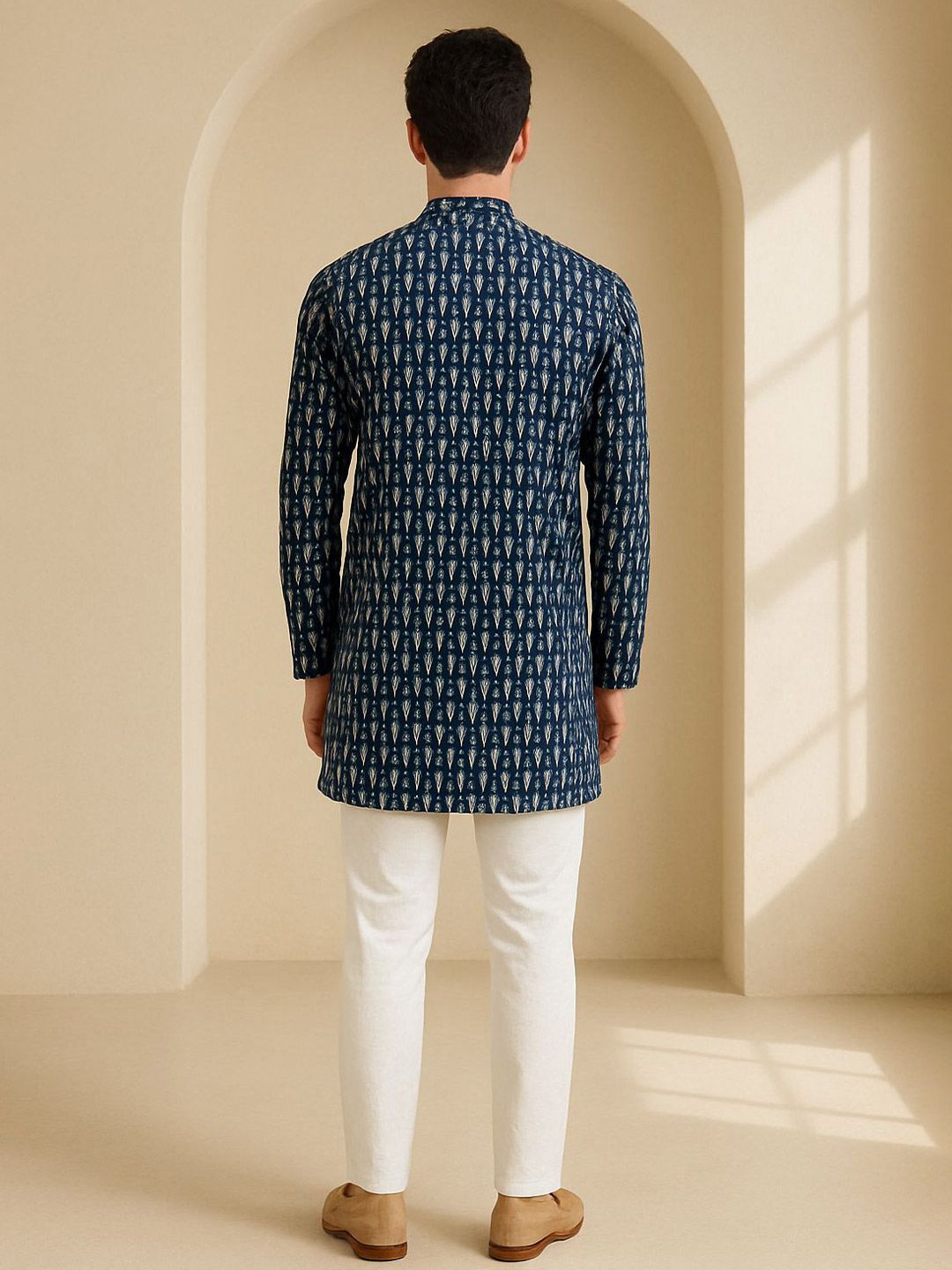 Geometric Printed Mandarin Collar Thread Work Straight Kurta