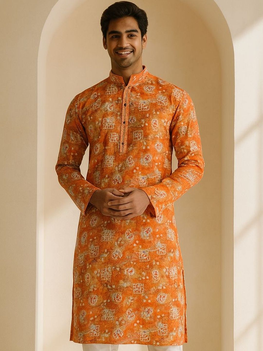 Men Orange Self Design Regular Fit Full Sleeve Kurta Set