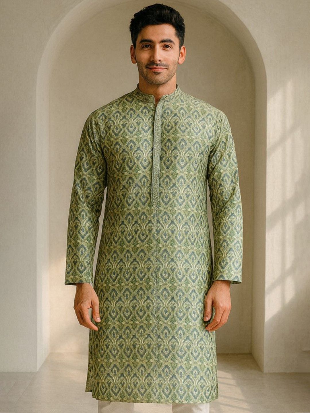 Men Woven Design Mandarin Collar Thread Work Kurta