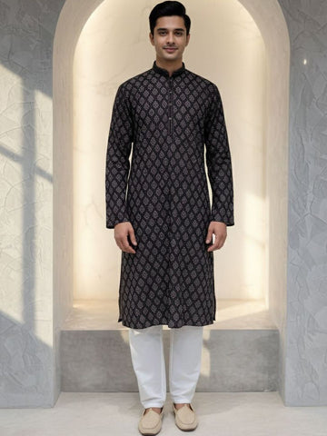 Men Brown Self Design Regular Fit Full Sleeve Kurta Set