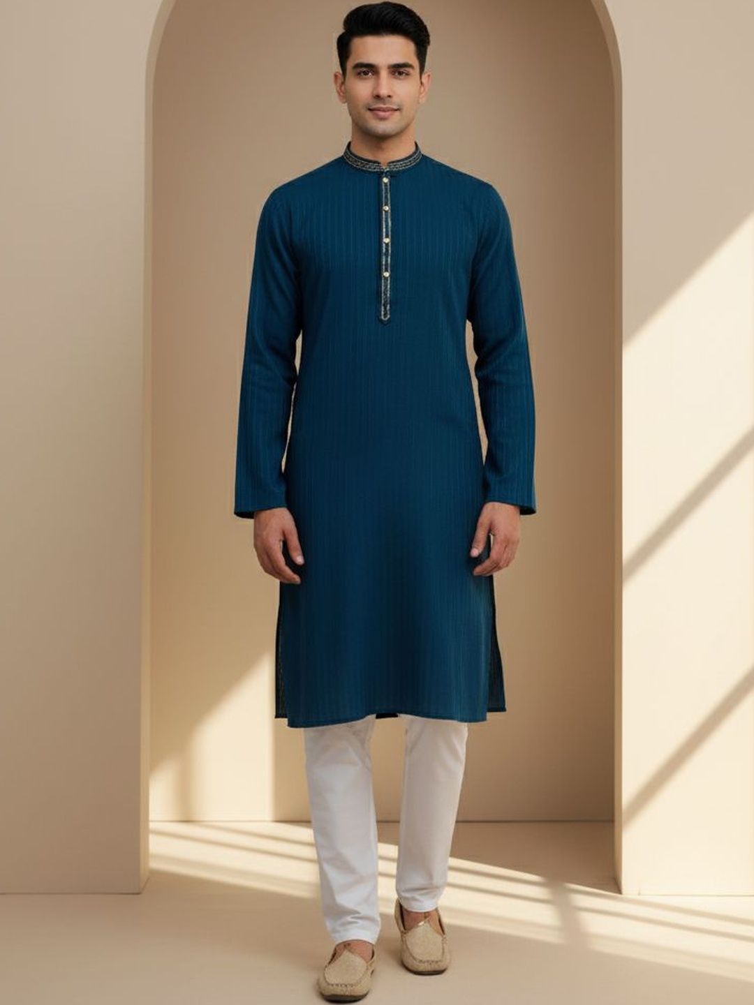 Men Green Regular Fit Full Sleeve Mandarin Collar Kurta Set
