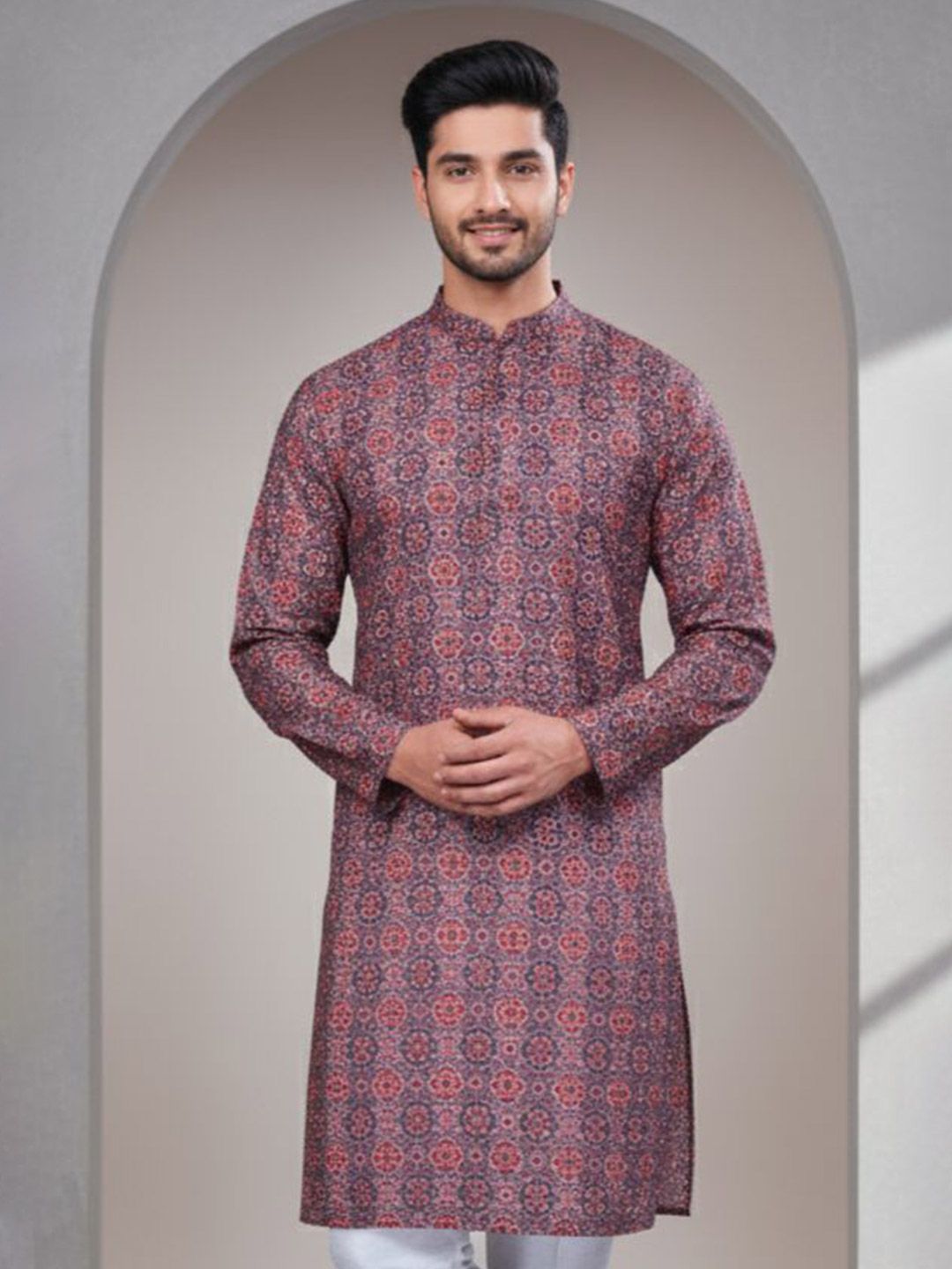 Men Geometric Thread Work Kurta