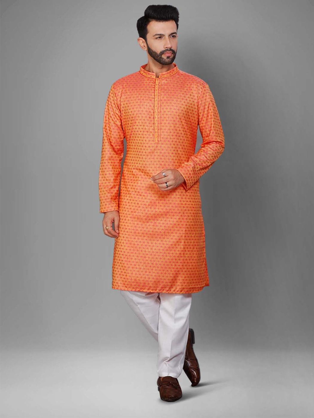 Men Printed Mandarin Collar Full Sleeve Kurta