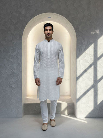 Floral Embroidered Mandarin Collar Thread Work Straight Kurta