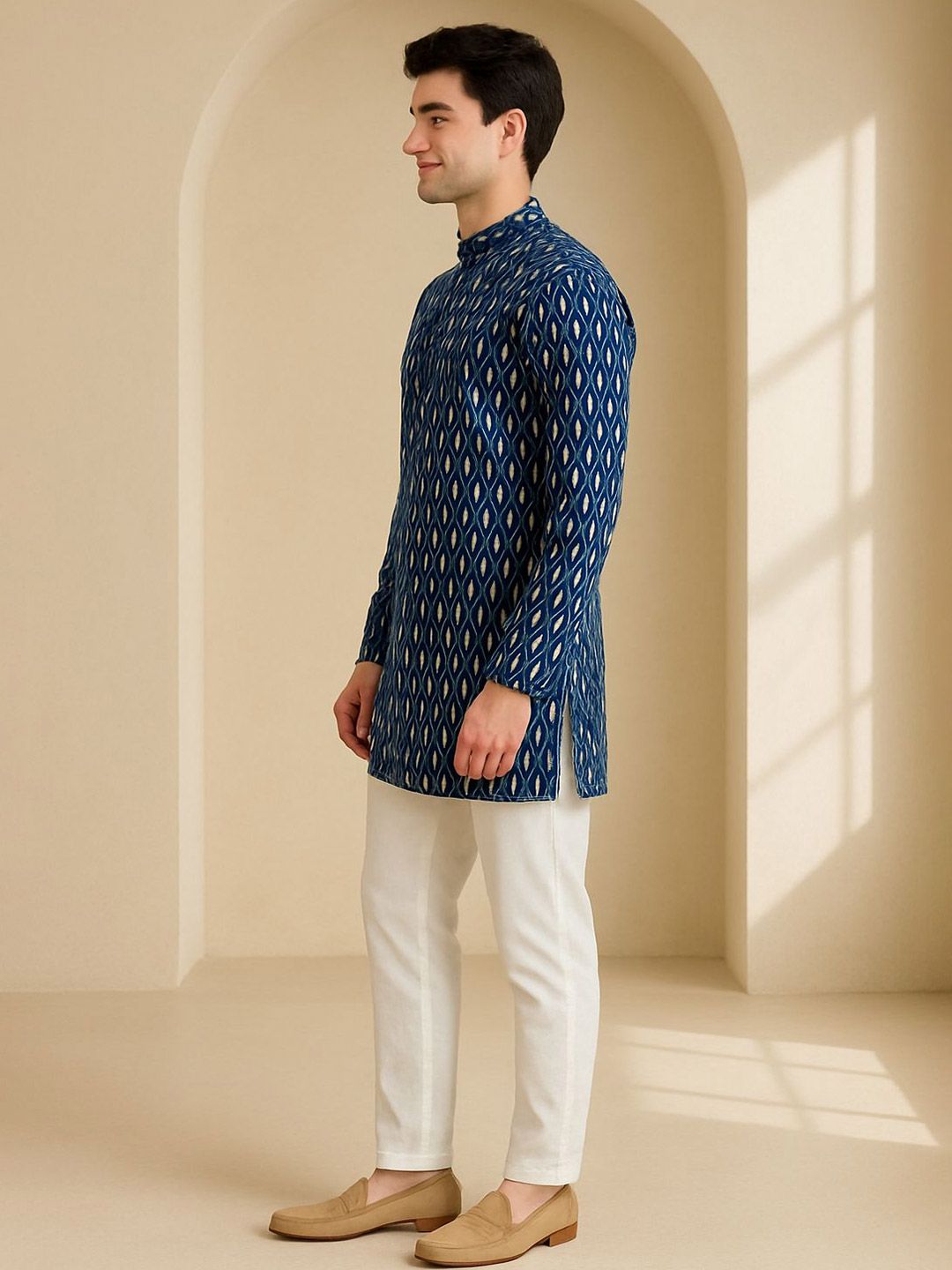 Geometric Printed Mandarin Collar Thread Work Straight Kurta