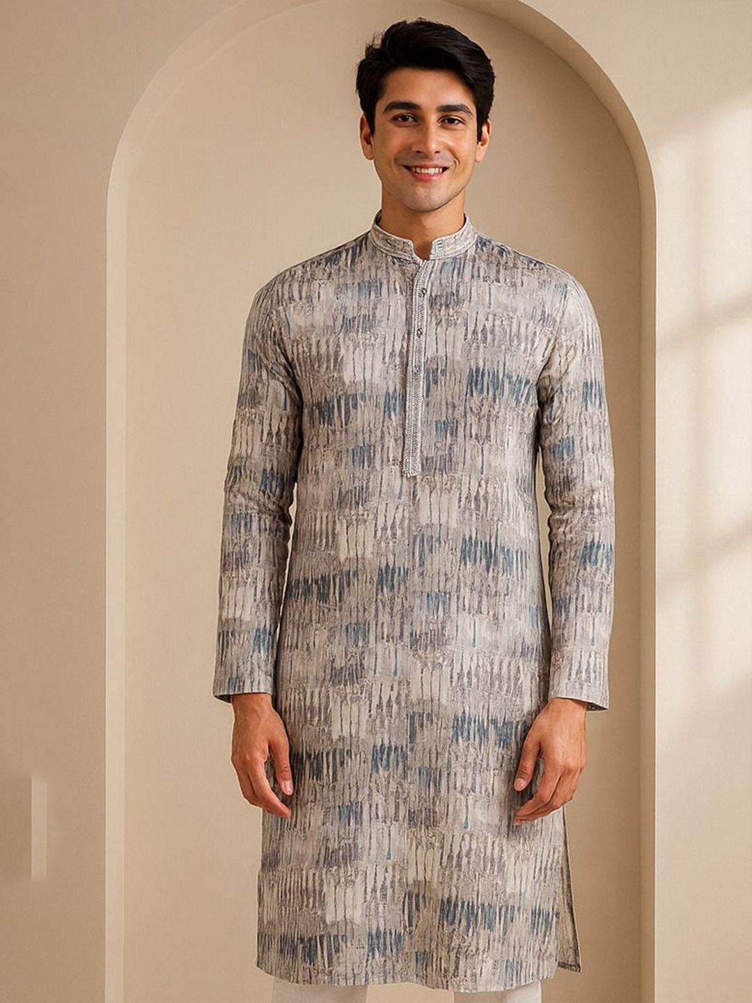 Men Self Design Regular Fit Full Sleeve Straight Kurta
