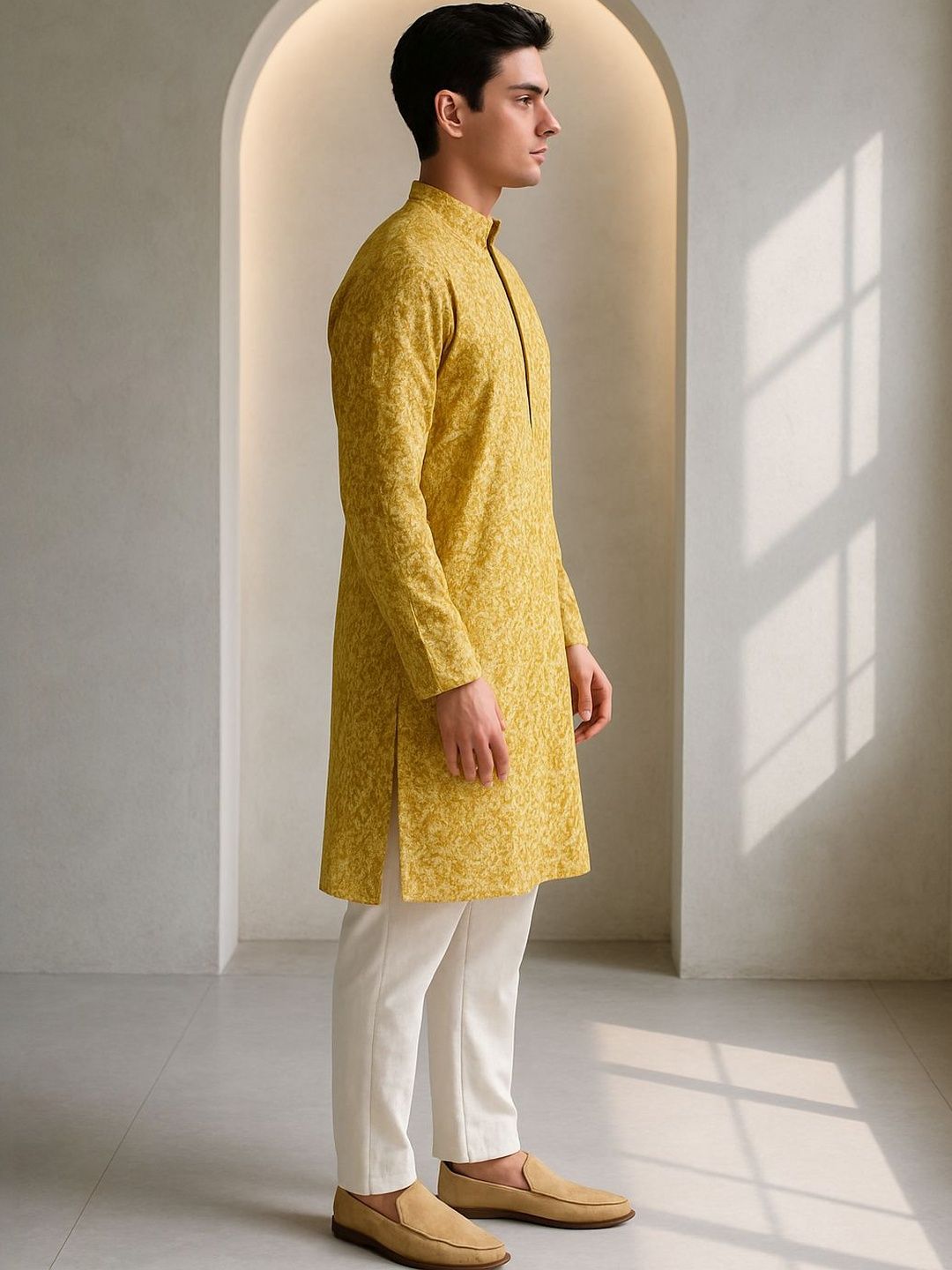 Men Yellow Regular Fit Full Sleeve Mandarin Collar Kurta Set